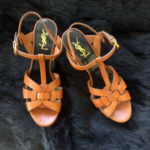 NWOT Saint Laurent YSL Tribute Platform Brown Leather Sandal Heels Sizd EU 39.5